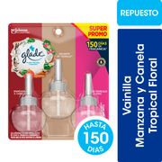 Pack 3 un. Desodorante Ambiental Glade Aceites Naturales Vainilla, Manzana y Canela, Tropical Floral Repuesto 21 ml