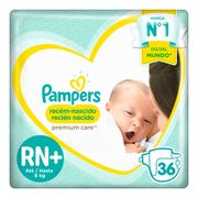 Pañales Pampers Premium Care Talla RN+ 36 un.