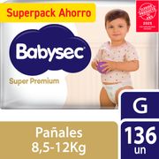 Pañales Babysec Super Premium Talla G 136 un.