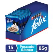 Caja 15 un. Alimento Húmedo Gato Felix Sabor Pescado Blanco Sobre 85 g