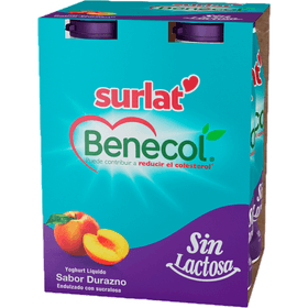 Pack Yogurt Surlat Benecol Minishot Sin Lactosa Durazno 100 ml 4 un.