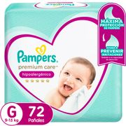 Pañales Pampers Premium Care Hipoalergénico Talla G 72 un.