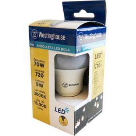 Ampolleta LED Westinghouse Bola 9W Luz Cálida E27