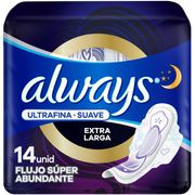 Toallas Femeninas Always Ultrafina Nocturna Suave Extra Largas 14 un.