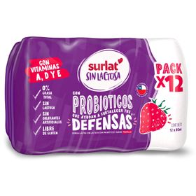 Pack Bebida Láctea Surlat Sin Lactosa Probióticos Frutilla 12 un.