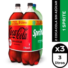 Pack 3 un. Bebidas Coca Cola Sin Azúcar + Sprite 3 L