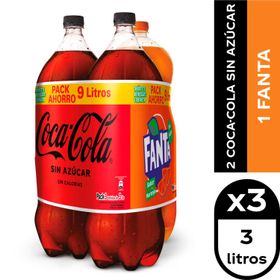 Pack 3 un. Bebida Coca Cola Sin Azúcar + Fanta 3 L